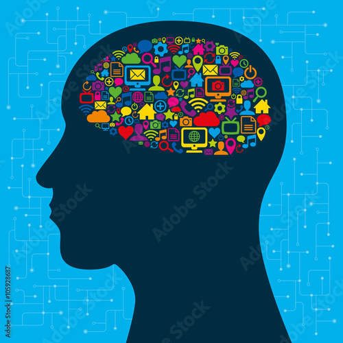 Fototapeta Naklejka Na Ścianę i Meble -  Cervello pieno di icone social colorate