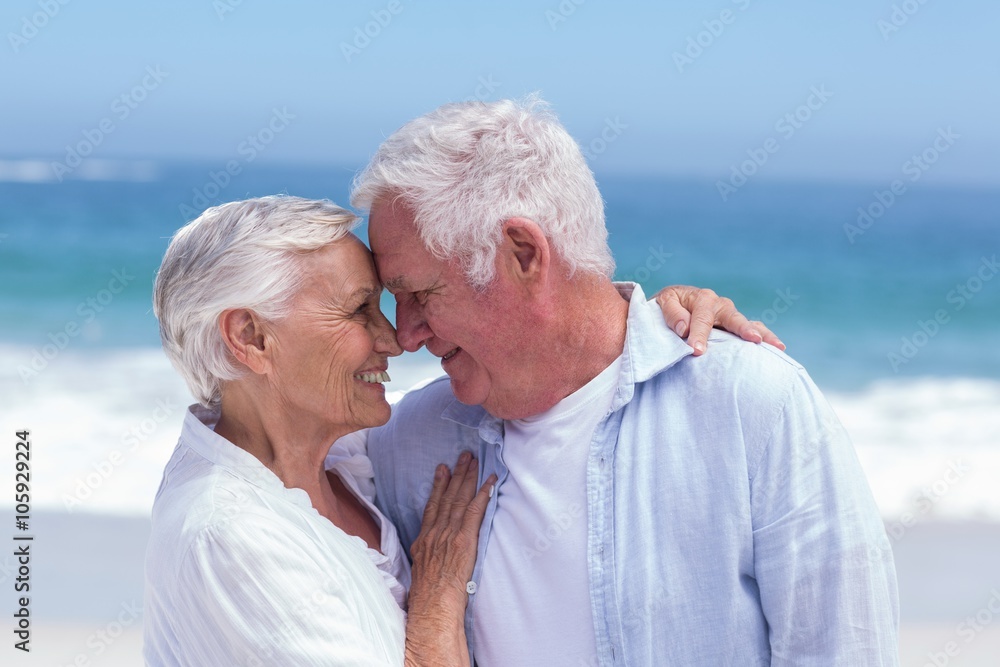Senior couple smiling and embracing