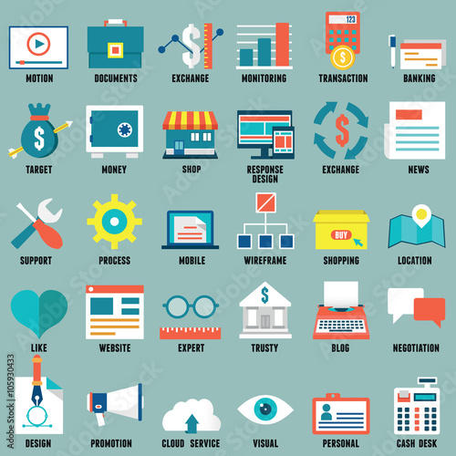 Set of flat business, commerce, internet service icons for design - part 2