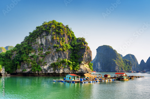 Beautiful view of floating fishing village in the Ha Long Bay
