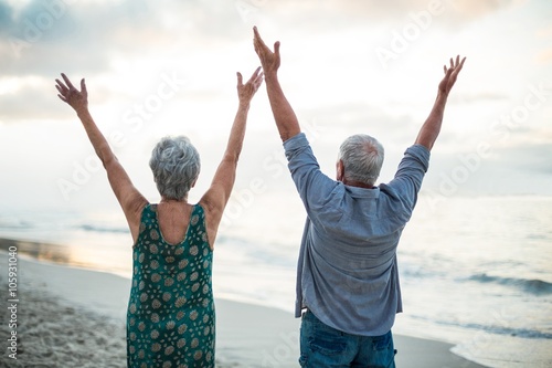 Senior couple raising their arms
