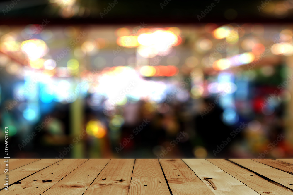 Wooden deck table blur background