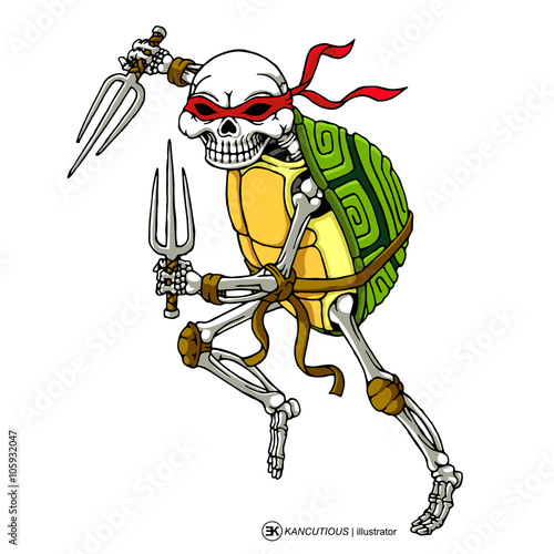 skull turtle ninja with trident in hand isolated white background