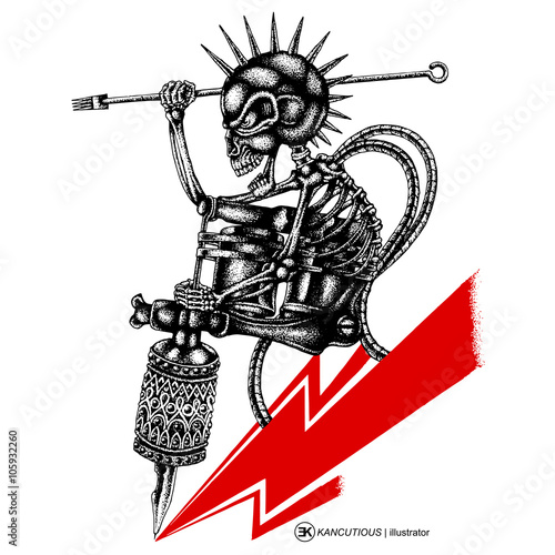 Cool hand draw authentic tattoo studio poster template with skull punk head tattoo machines isolated white background. Vector illustration.