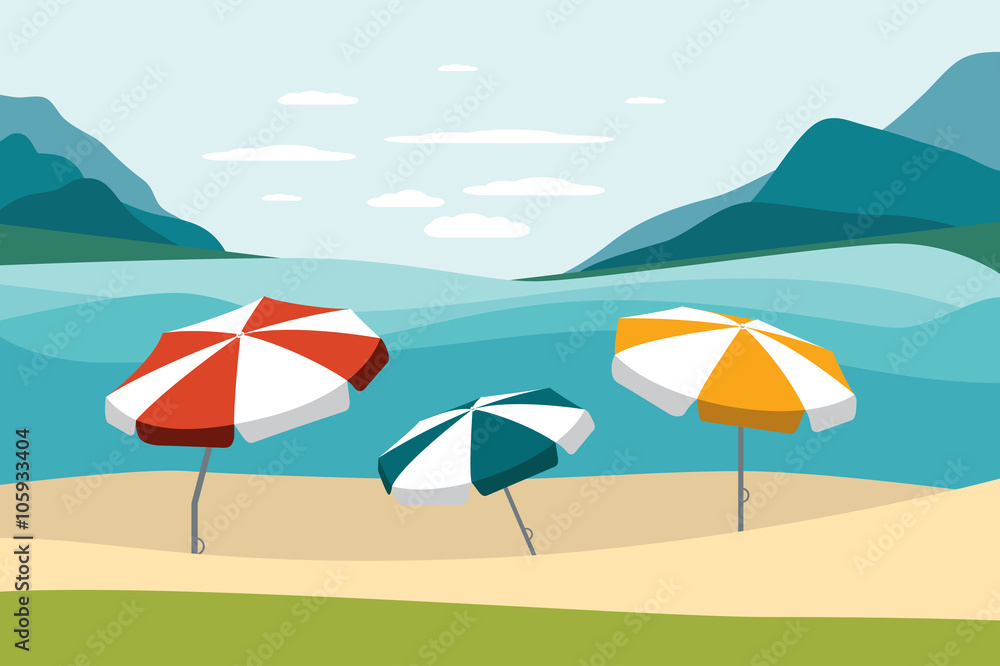 Summer beach with color umbrellas. Flat design.