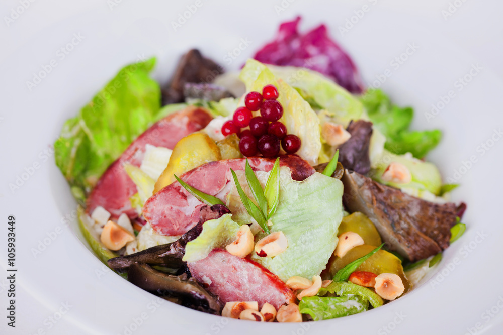 food, salad with iceberg, meat, mushrooms, pickles and hazelnuts piquant food, salad with iceberg, meat, mushrooms, pickles and hazelnuts piquant