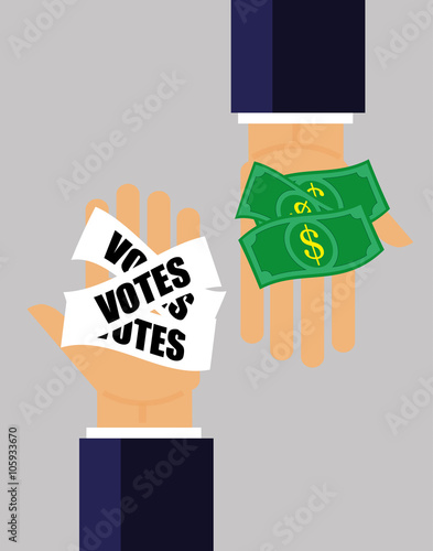 Two hands pass money for votes to each other as a concept for corruption in elections and politics