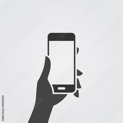 Hand holding and using smartphone. Monochromatic icon.
