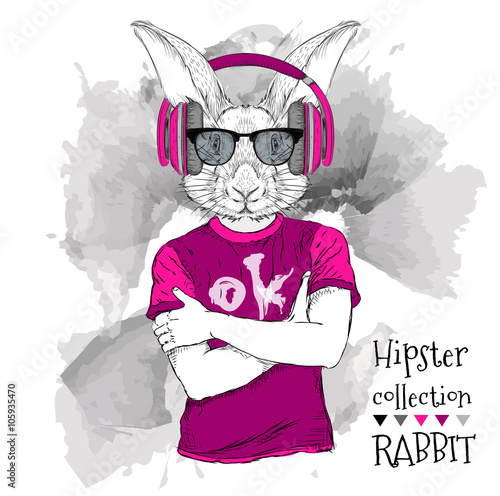 Illustration of rabbit hipster dressed up in t-shirt, pants and  in the glasses and headphones. Vector illustration.