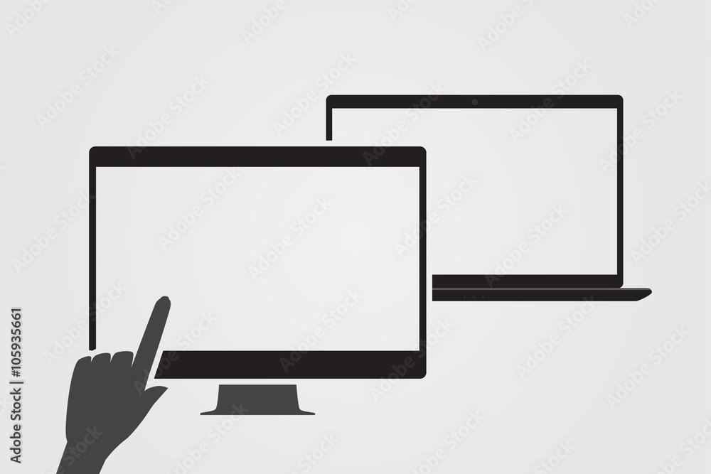 Modern tv and hand using a touchscreen. Monochromatic. Modern tv and hand using a touchscreen. Monochromatic.