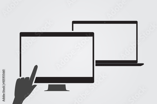 Modern tv and hand using a touchscreen. Monochromatic.