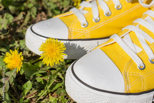 Yellow sneakers and spring flowers