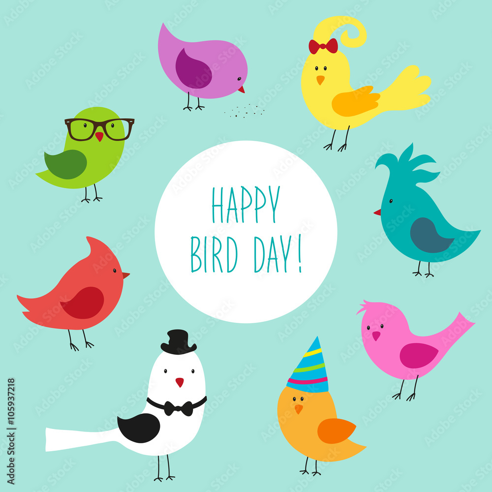 Cute childish Bird Day card with funny cartoon characters of birds and hand written text