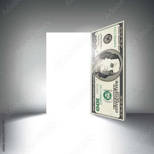 A 100 dollar bill door beckons you to enter with space for type