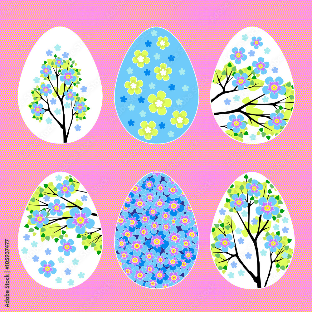 Easter eggs with blue spring flower pattern set vector illustration