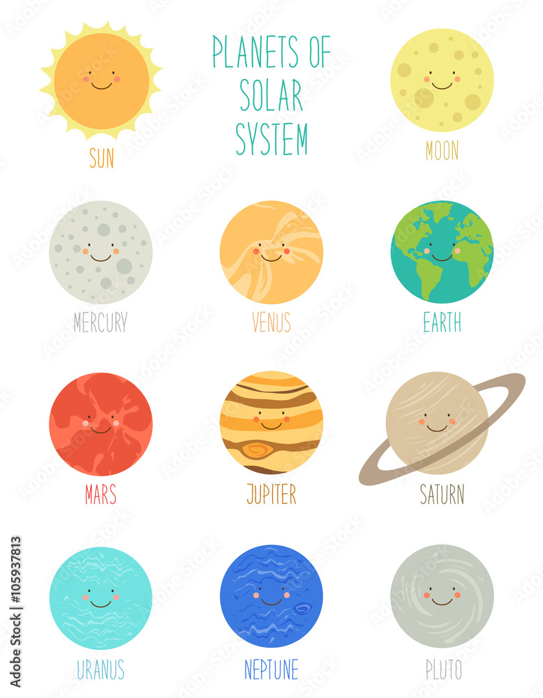 Obraz premium Cute smiling cartoon characters of planets of solar system, can be used for kids education as cards, books, banners. Childish background