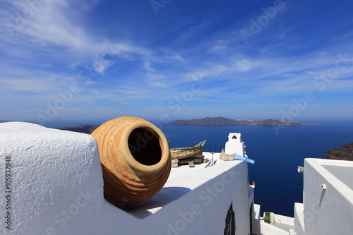 White architecture on Santorini island, Greece. Beautiful landscape with sea view