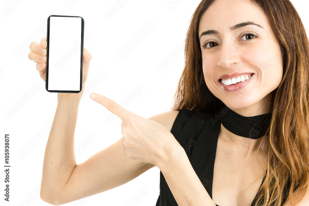 Attractive woman showing copy space on smart phone screen Attractive woman showing copy space on smart phone screen