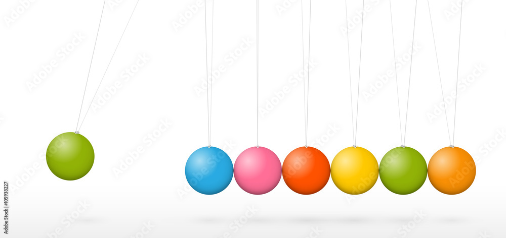 Sieben bunte Vektor 3D Pendel in einer Reihe - Kugelstoßpendel, Newtonpendel, Kugelpendel, Newton-Wiege auf weißem Hintergrund - Colorful Pendulum, Newton's Cradle - Newton. Sieben bunte Vektor 3D Pendel in einer Reihe - Kugelstoßpendel, Newtonpendel, Kugelpendel, Newton-Wiege auf weißem Hintergrund - Colorful Pendulum, Newton's Cradle - Newton.