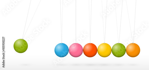 Sieben bunte Vektor 3D Pendel in einer Reihe - Kugelstoßpendel, Newtonpendel, Kugelpendel, Newton-Wiege auf weißem Hintergrund - Colorful Pendulum, Newton's Cradle - Newton.