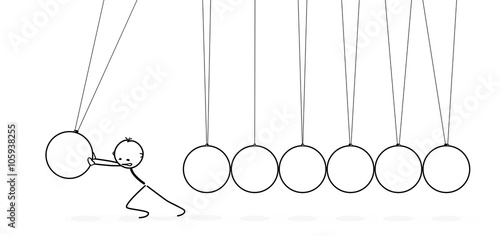 Sieben weiße 2D Vektor Pendel in einer Reihe - Strichmännchen stößt Pendel an. Kugelstoßpendel, Newtonpendel, Kugelpendel, Newton-Wiege - White and Blank Pendulum, Newton's Cradle with Stickman.