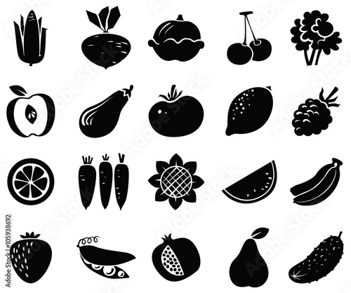 Vegetables and fruits icons set. Black  vector silhouettes