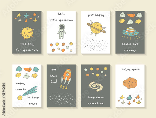 Cute hand drawn cosmic doodle cards