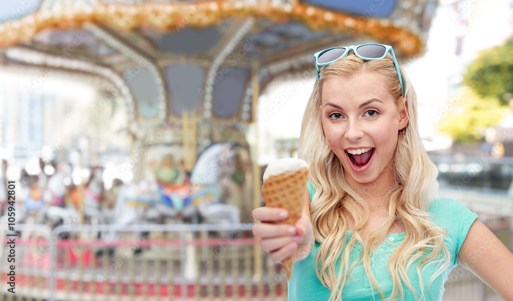 happy young woman in sunglasses eating ice cream happy young woman in sunglasses eating ice cream