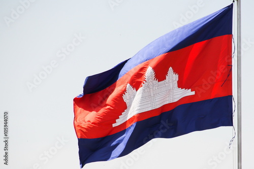 Flag of Cambodia waving in the sky.
