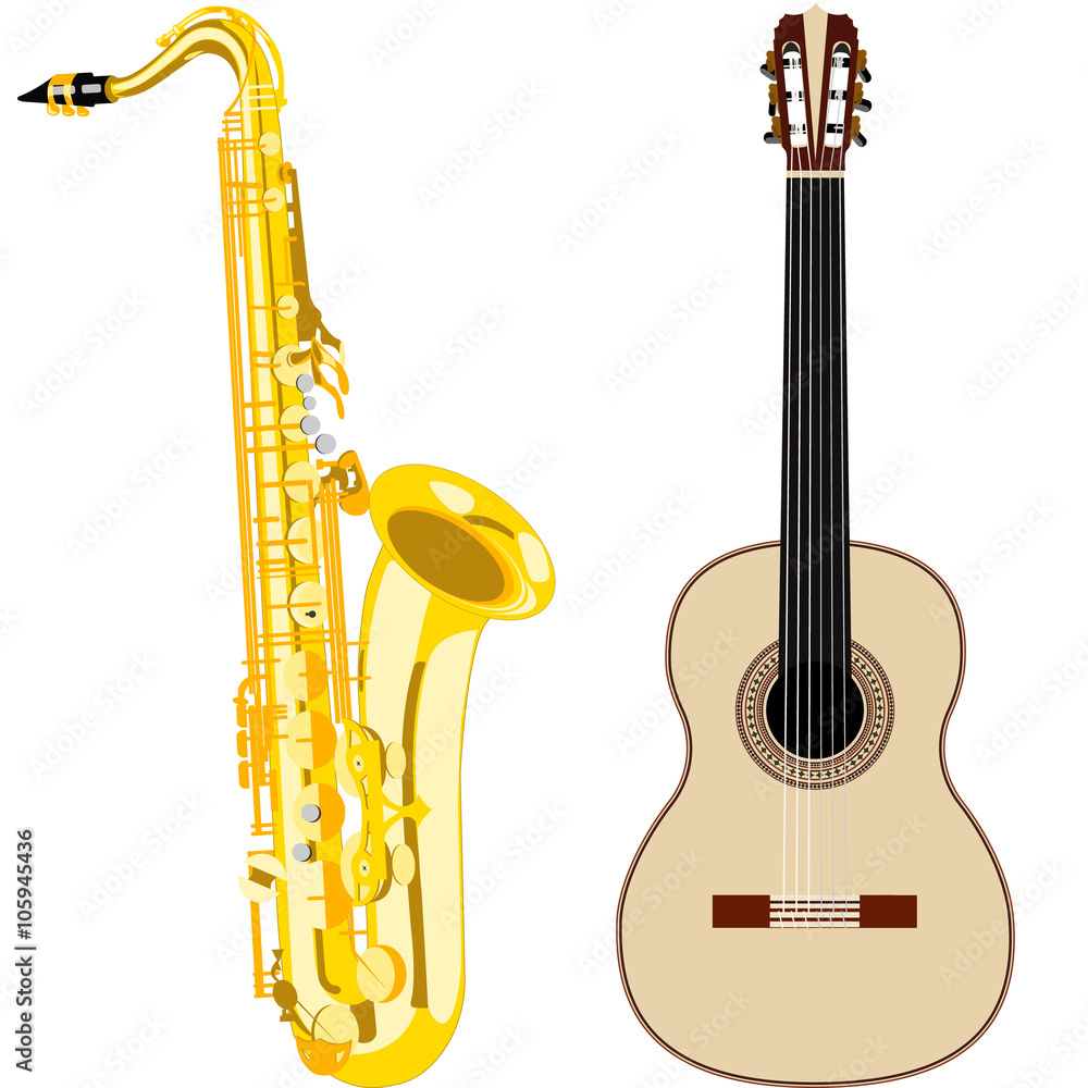 Obraz premium saxophone and guitar on a white background with