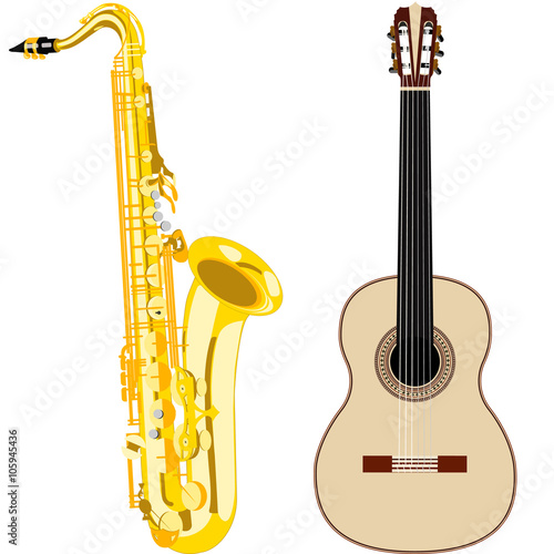 saxophone and guitar on a white background with