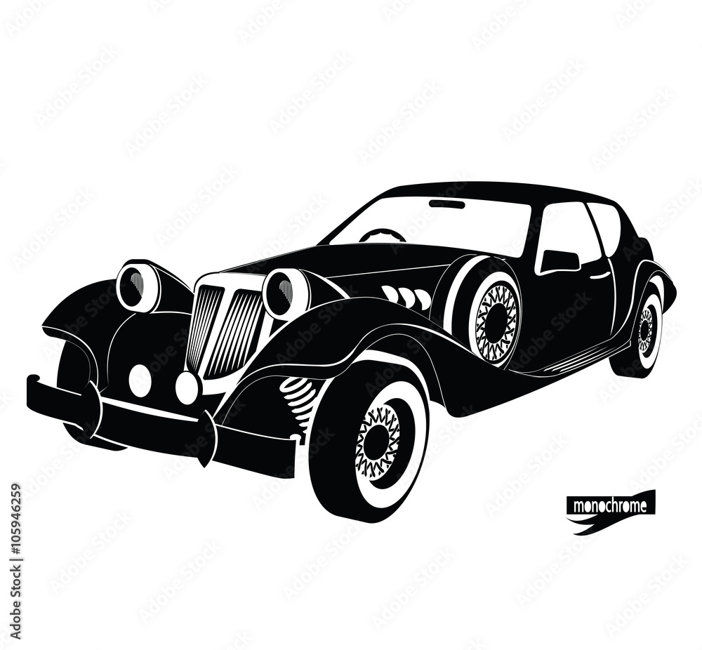 Monochrome retro car, front view black auto silhouette, luxury vintage  automobile on white background, hand drawing style for design card,  banners, flyer, print. car rental for driving in the city Stock Vector