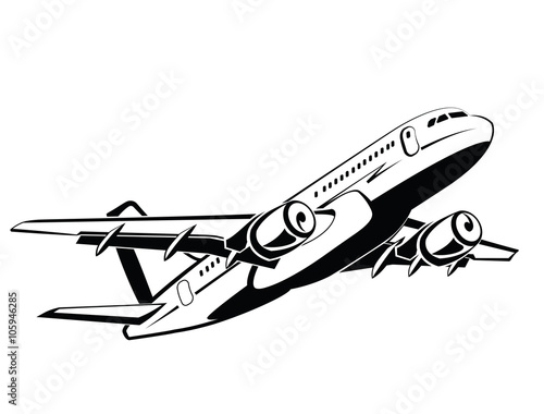 Airplane, plane on takeoff, passenger plane. Airlines. Airport and travel transport. Business and economy class. Symbol and icon vector design, monochrome style, hand drawing