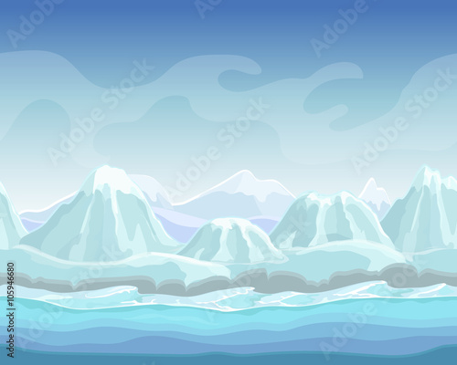 Cartoon winter landscape with snow mountains Seamless vector nature background for games. polar environment illustration