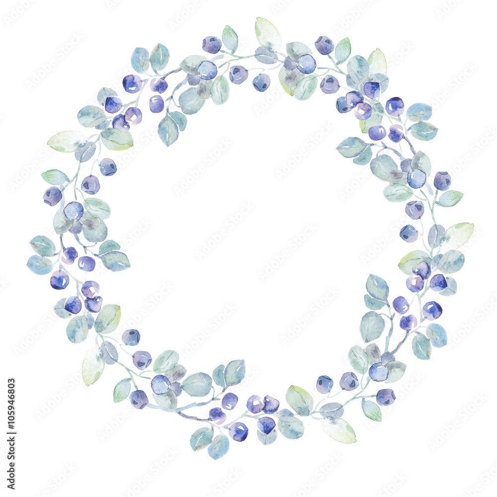 Blueberry wedding wreath. High quality watercolor. Wedding invitation.Greeting card.