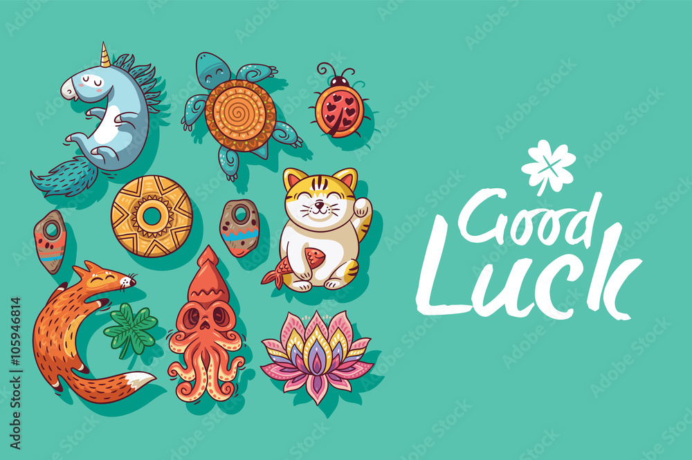 Good Luck. Cute hand drawn card with lucky charms Stock Vector | Adobe Stock