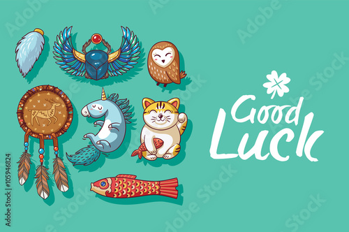 Good Luck. Cute hand drawn card with lucky charms