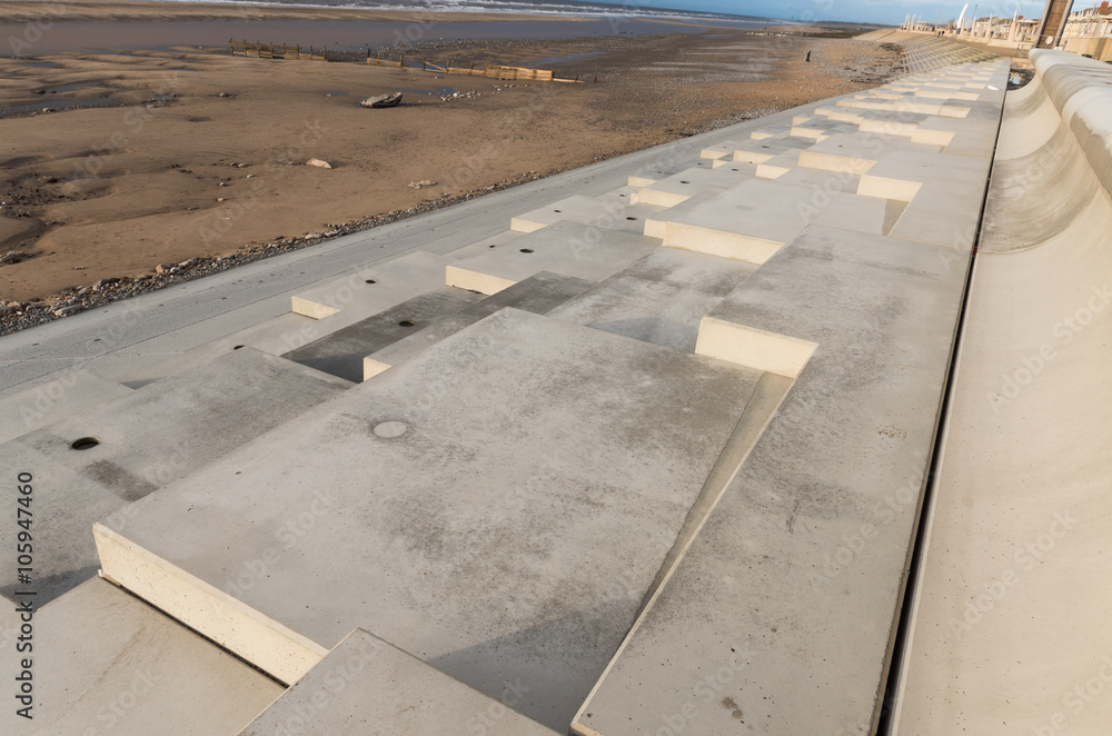 Fototapeta premium Cleveleys, North West England, 07/03/2014, Blackpool and cleveleys seafront flood defence wall system