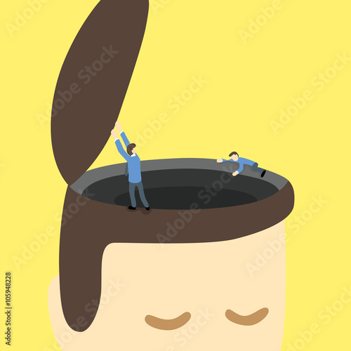 businessmen open and explore around black hole or area on the opened head of a giant man.