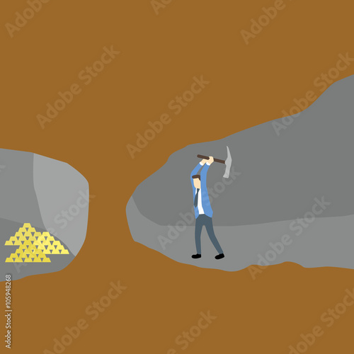  cartoon businessman dig with shovel to get gold  in adjacent tunnel in cross section view of underground mine.