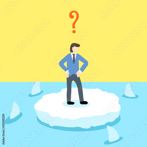 Helpless businessman stand alone on a small ice land which surrounded by sharks swimming in the sea