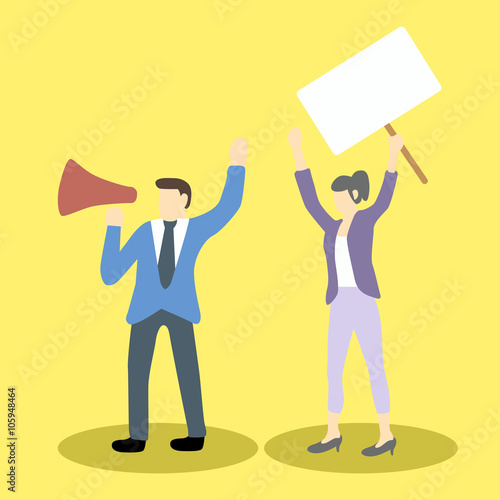 businessman and businesswoman are protesting with megaphone and blank placard holding. Cartoon vector illustration concept for social issues