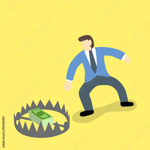 Vector cartoon illustration of greedy businessman tempted to reach for money inside trap.