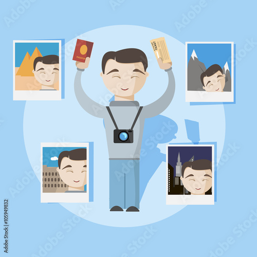 Happy travel man with passport, selfy photo and tickets vector i