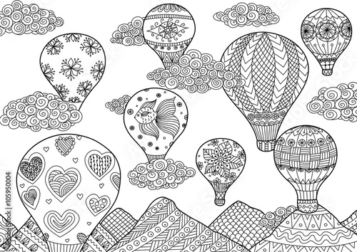 Hot air balloon flying, zentangle stylized for coloring book for anti stress for both adult and children - stock vector