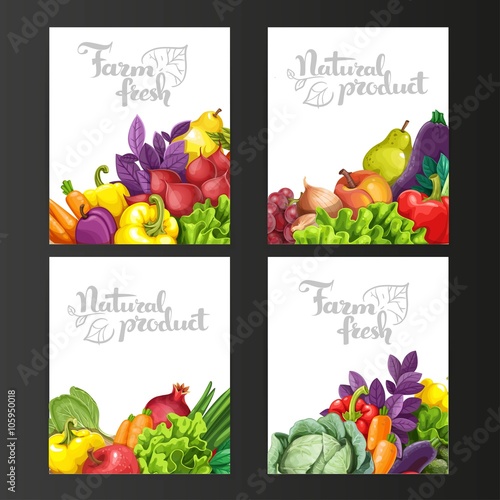 Four vertical banners with fresh fruits and vegetables on a blac