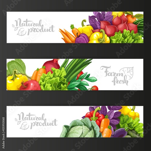 Three horizontal banners with fresh fruits and vegetables on a b