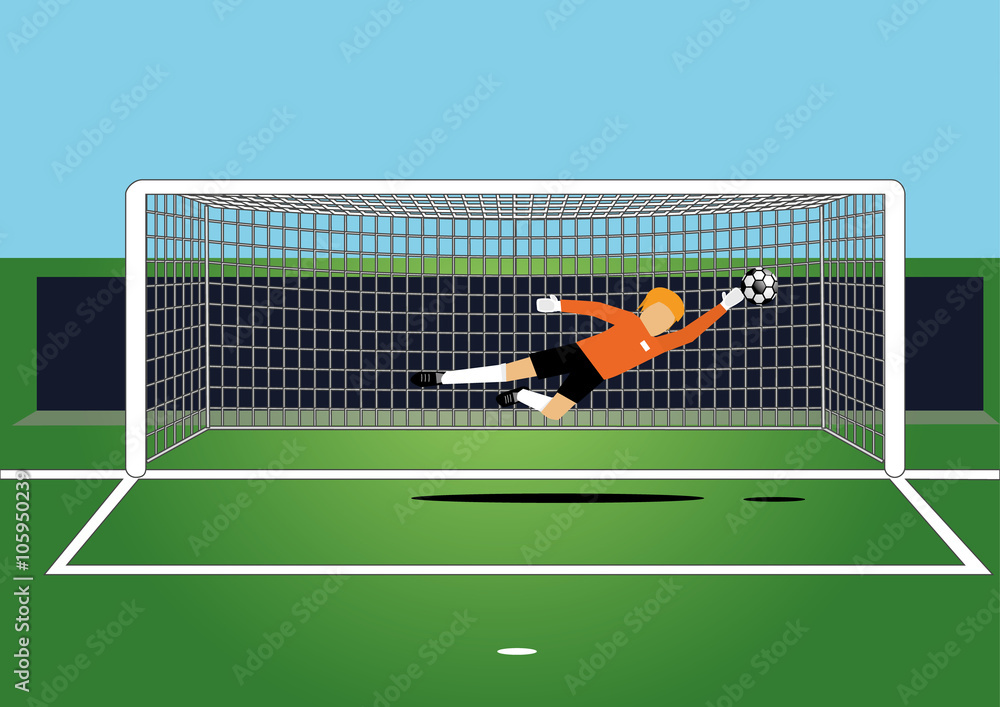 Fototapeta premium vector illustration of soccer goal keeper catching a ball on the field