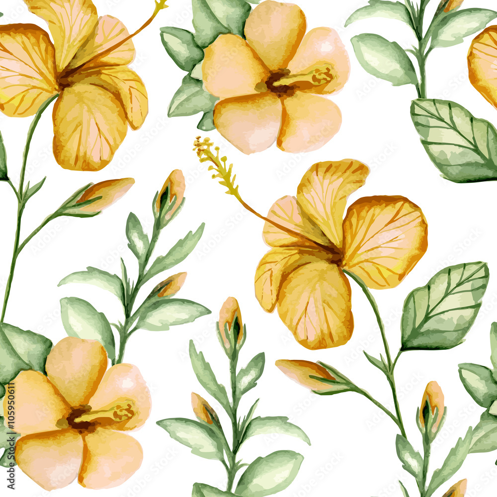 Seamless pattern with tropical flowers. Watercolor hand drawn. Vector illustration