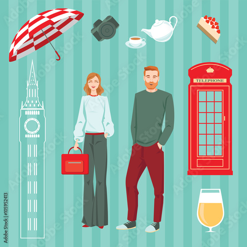 Set of vector illustrations. Beautiful couple traveling together and the British collection